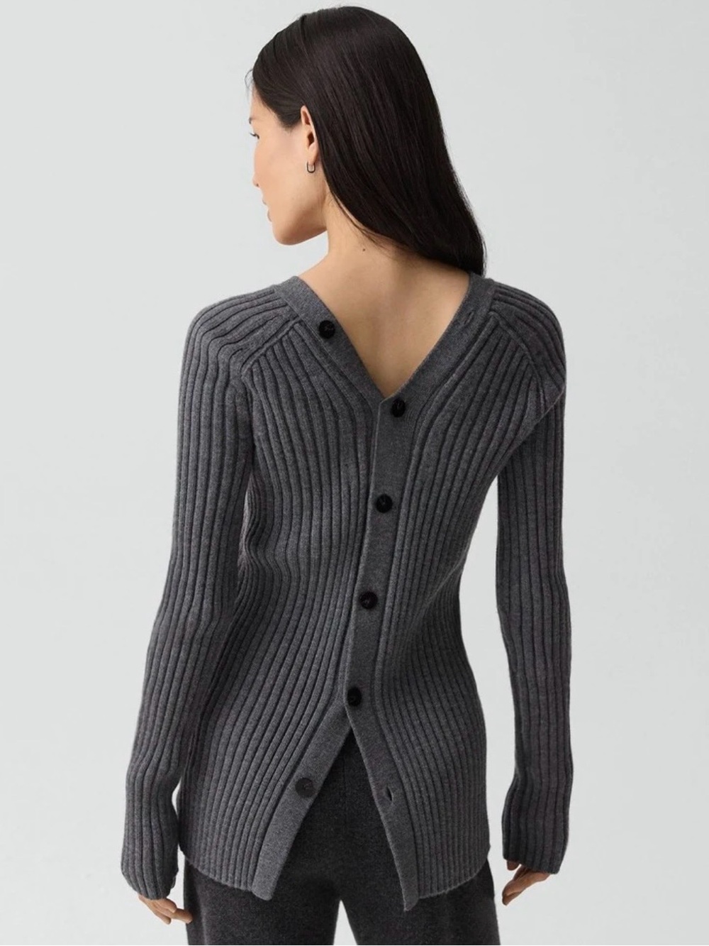 Theory Gray Ribbed V-Neck Button Cardigan